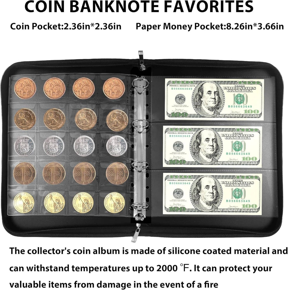 Coin collection album holder open, showing coin pockets and paper money pockets.