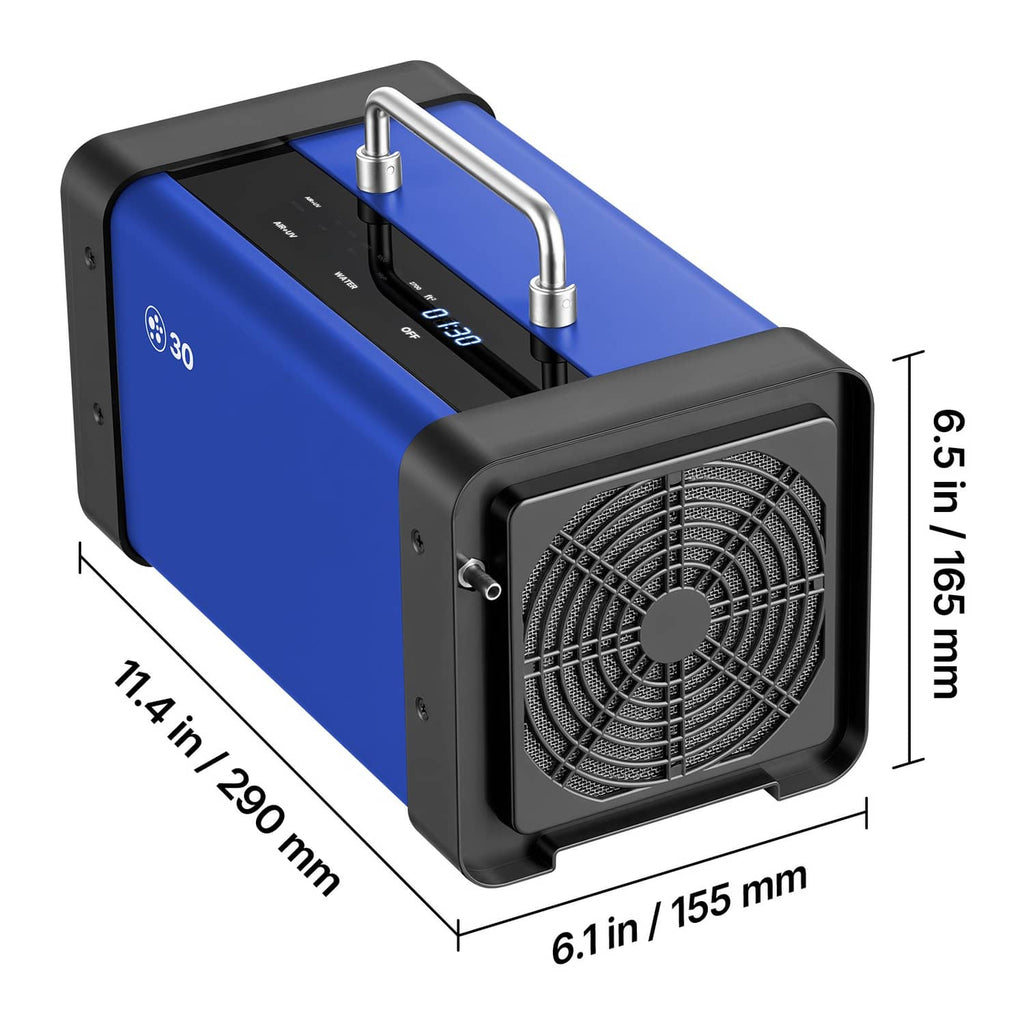 Blue and black ozone generator with side fan grille and twin outlet pipes.