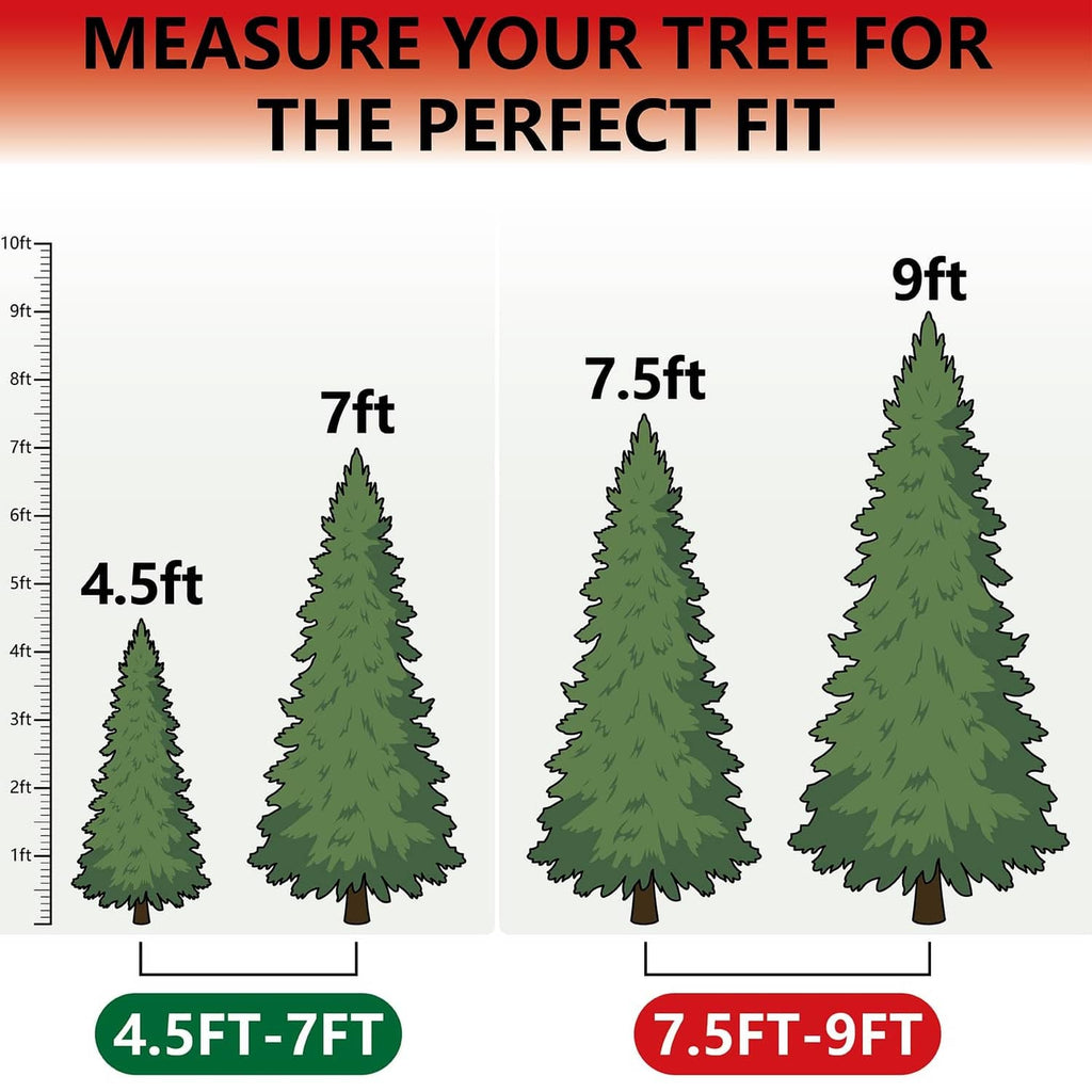 Tree height fit guide graphic for 7.5–9 ft Christmas tree storage bag