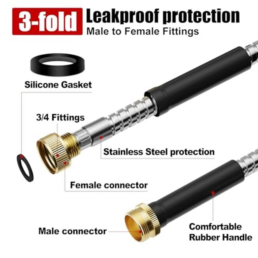 Stainless steel hose with black handle and brass male and female connectors
