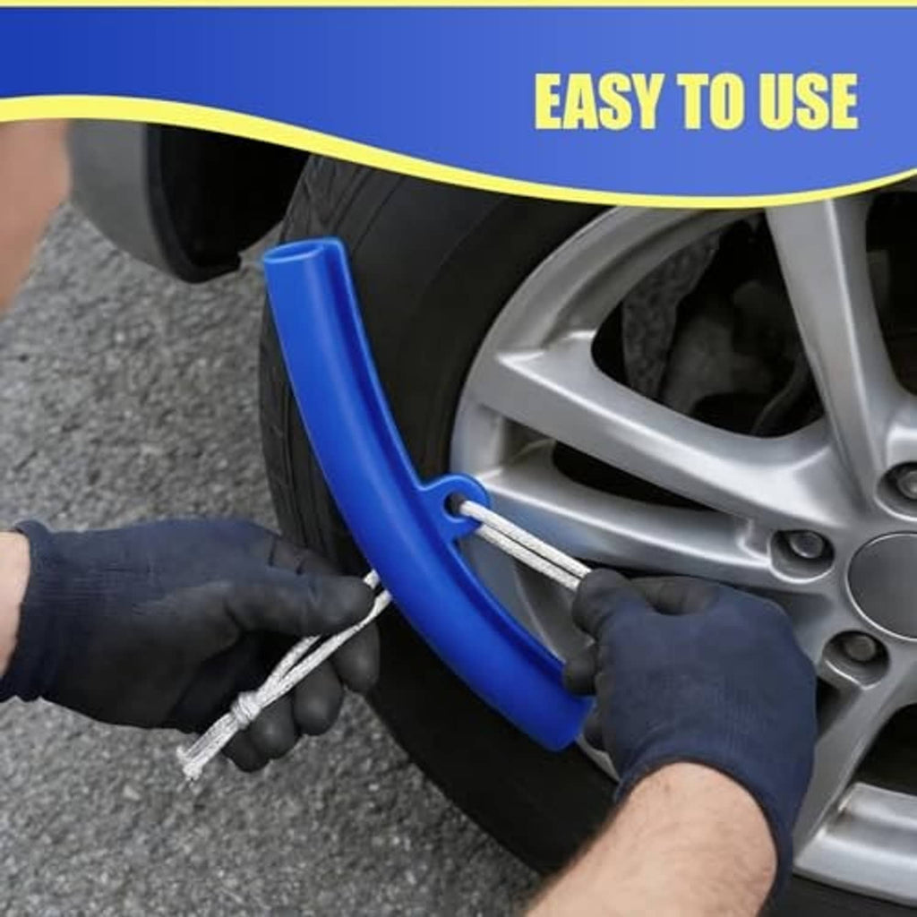 Blue rim protector guard being installed on wheel rim with gray cord