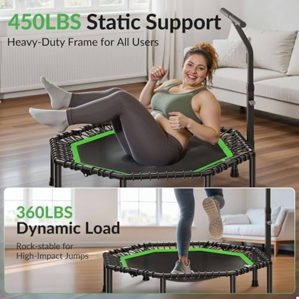 Octagonal rebounder trampoline with green-trim mat and black frame, shown in indoor use