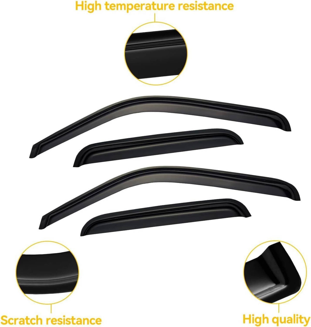 Black window visor set with scratch- and heat-resistance styling, curved design