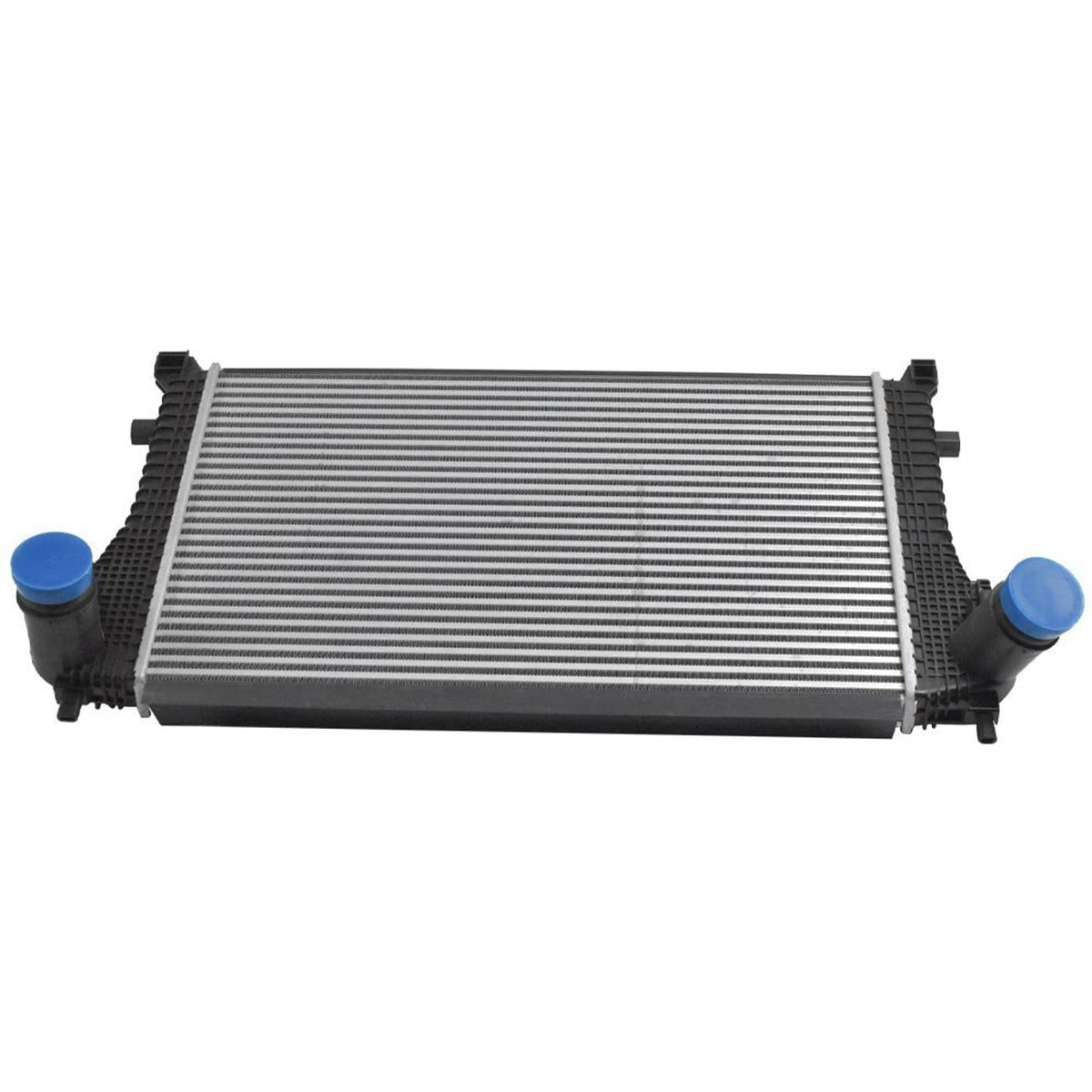 Turbo intercooler charge air cooler, front view with silver fin core and black end tanks