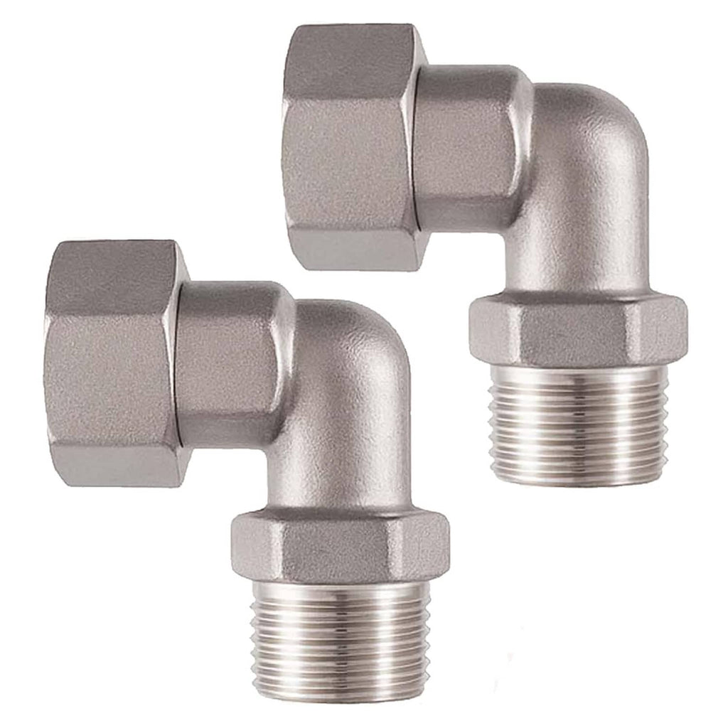 Chrome-finish brass 90° elbow faucet adapters with hex nuts and threaded ends