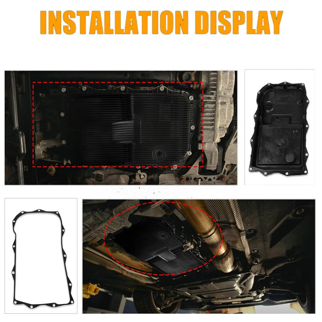 Transmission oil pan replacement diagram with gasket and installation hardware