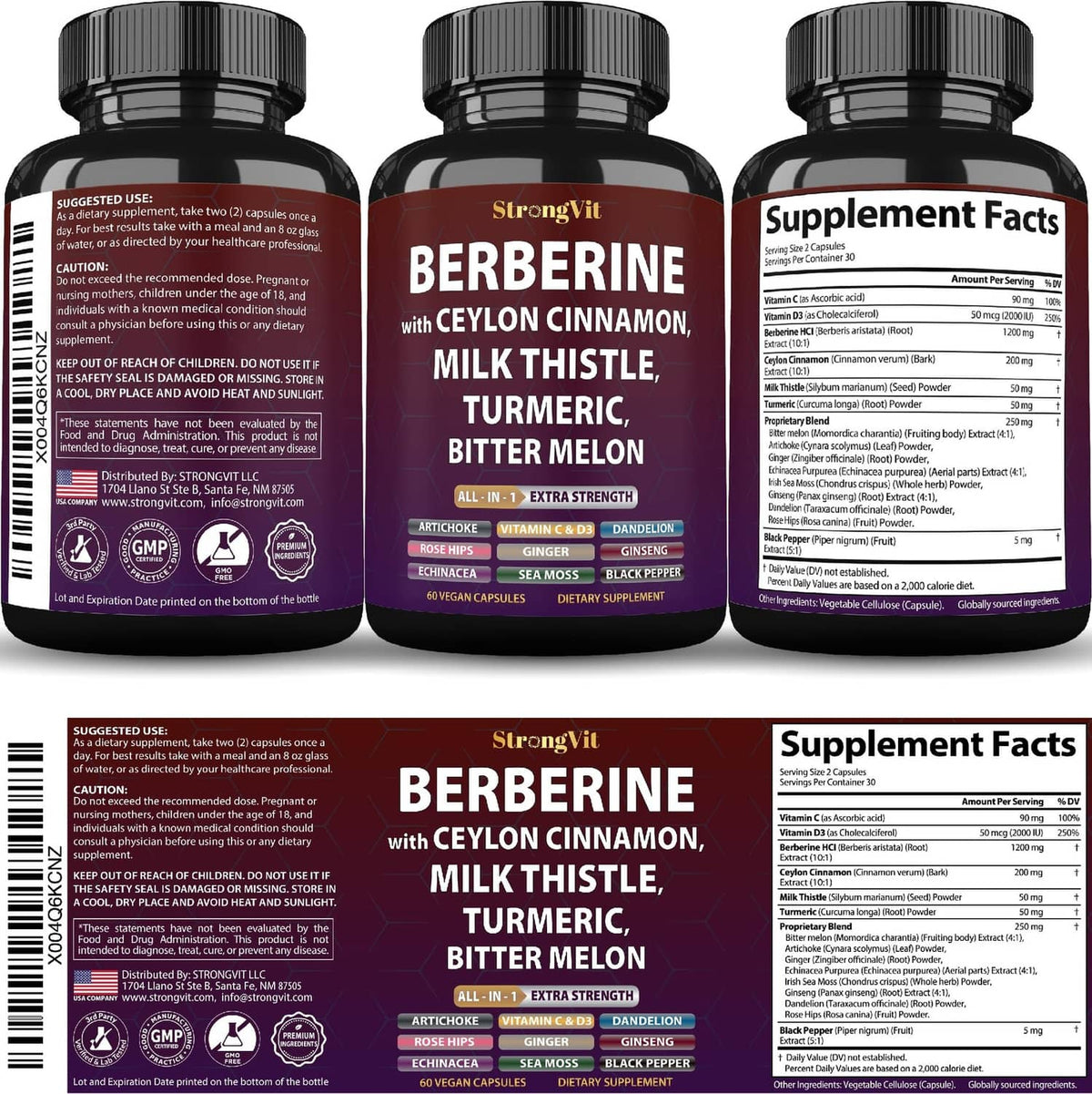 Three StrongVit berberine supplement bottles showing labels and Supplement Facts panels