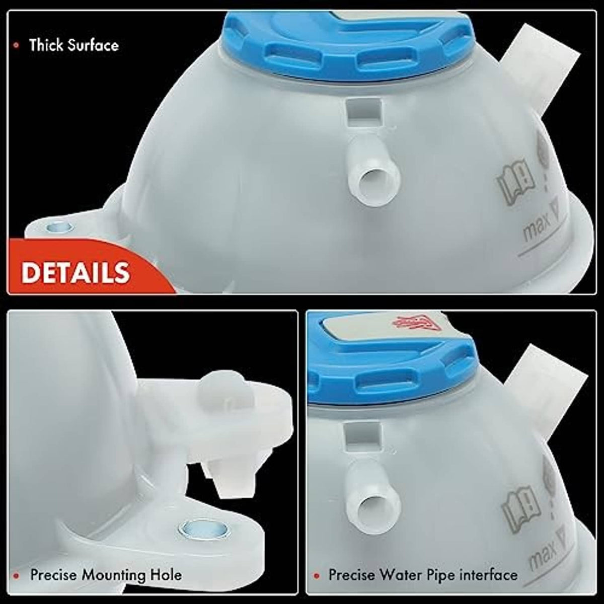 Coolant reservoir tank details with blue cap, precise mounting hole and pipe interface