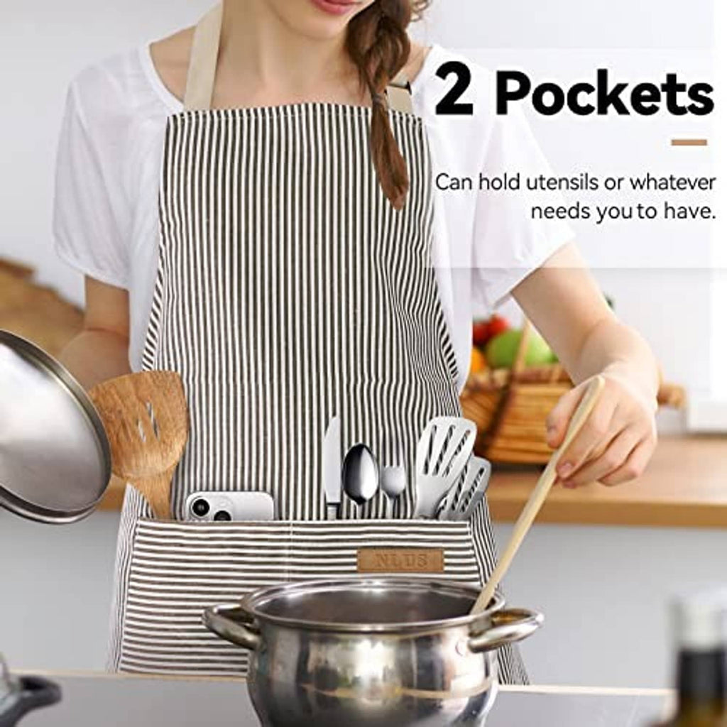 Light beige striped cooking apron worn at the waist with two front pockets