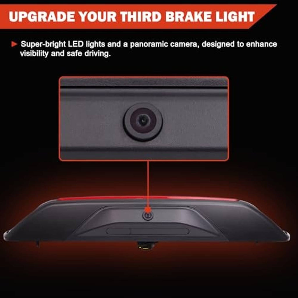 Third brake light housing with integrated camera lens and red light strip