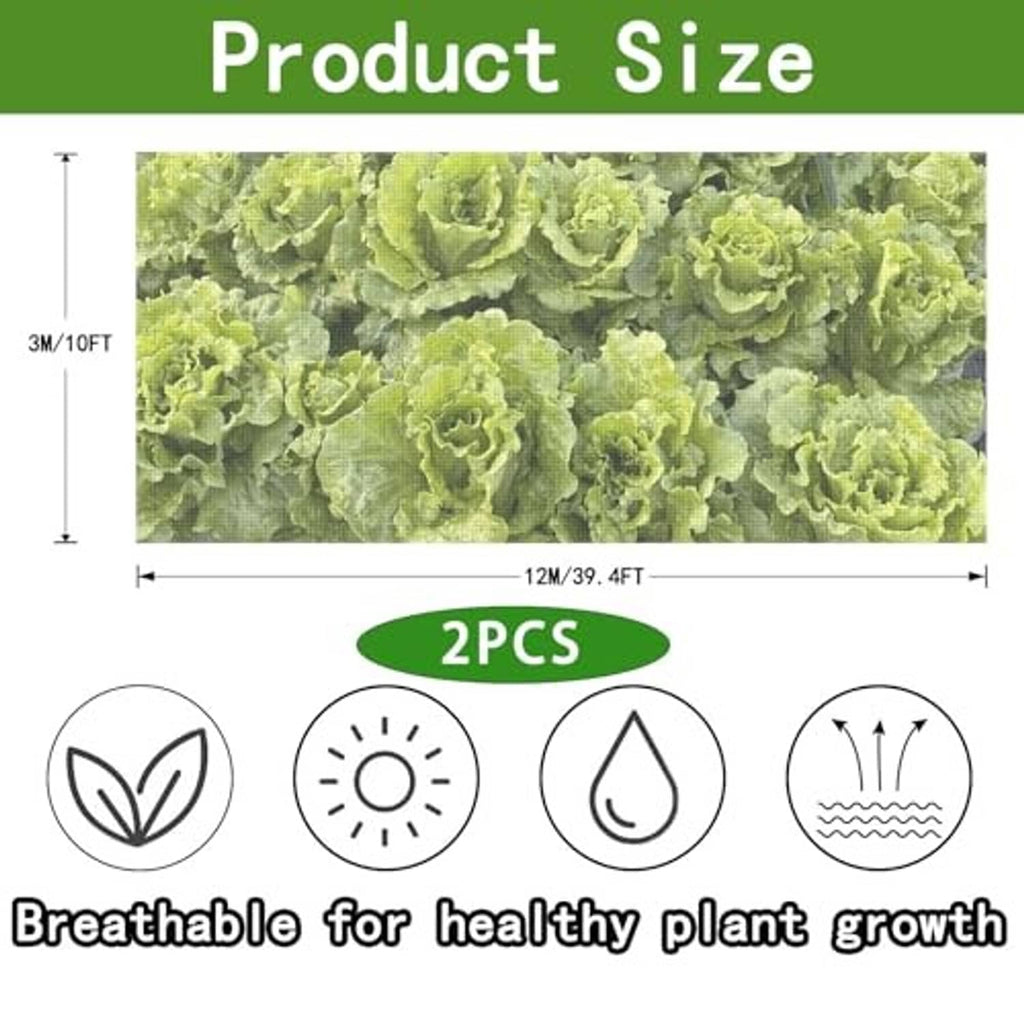 Garden insect netting size graphic showing 2 pcs and breathable icons