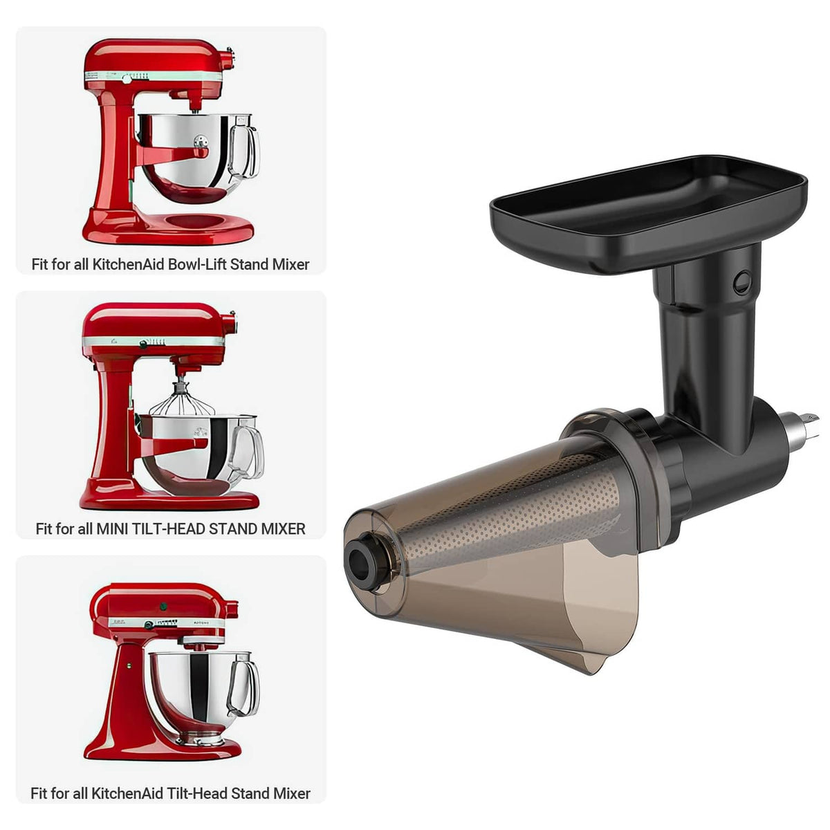 Black strainer attachment for stand mixer with mesh cone and top tray