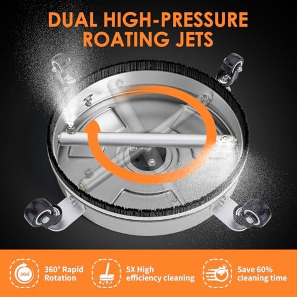 Stainless steel surface cleaner head with dual high-pressure rotating jets and splash skirt