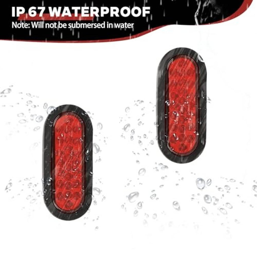 Two oval red LED tail lights with black waterproof housings, raindrop graphic