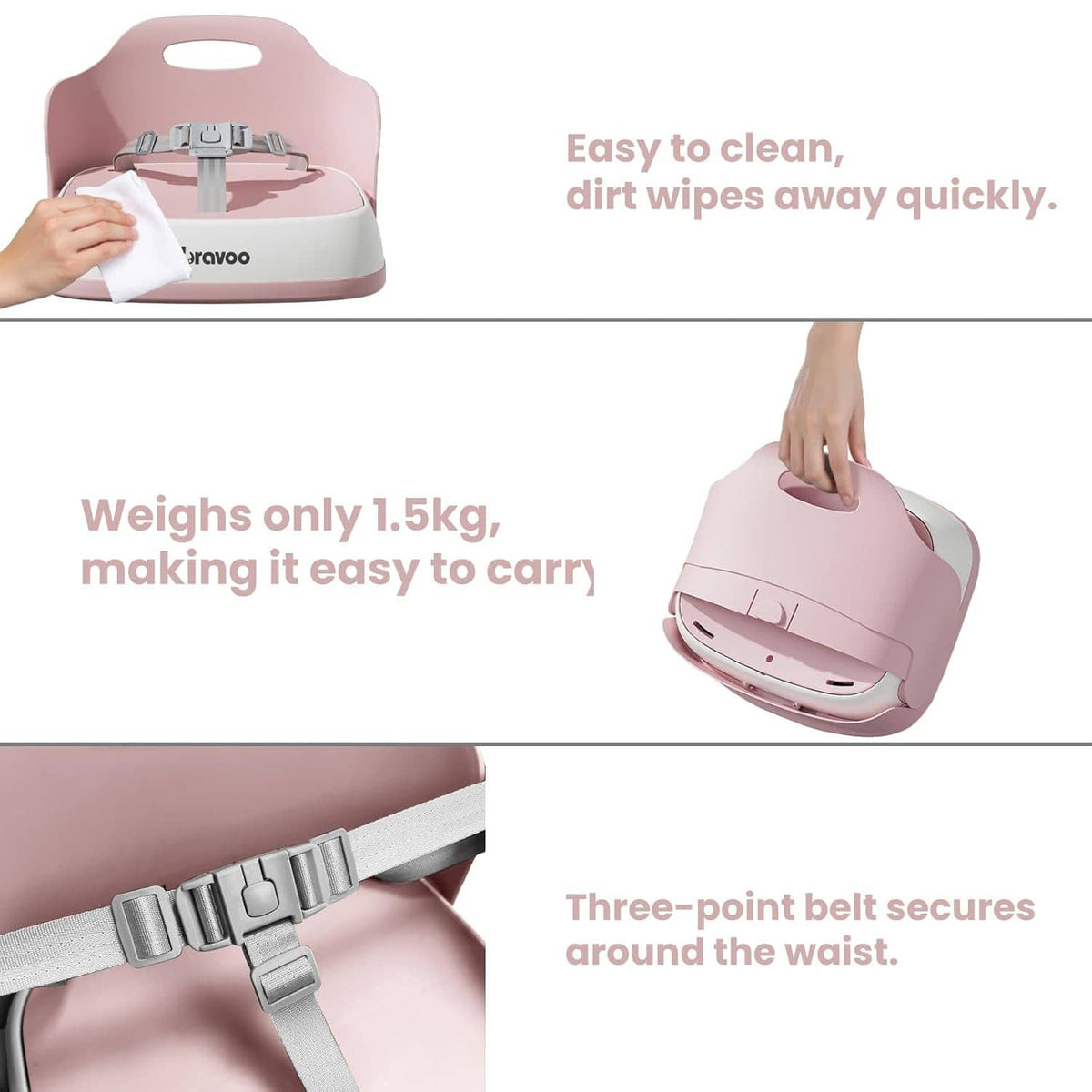 Pink booster seat with adjustable three-point belt and a foldable design