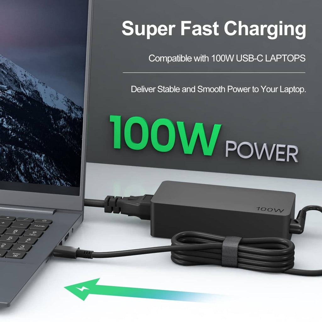 Black 100W USB-C charger adapter with cable connected