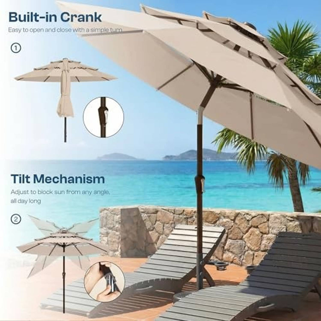 Beige 3-tier patio umbrella with crank and tilt mechanism on dark pole