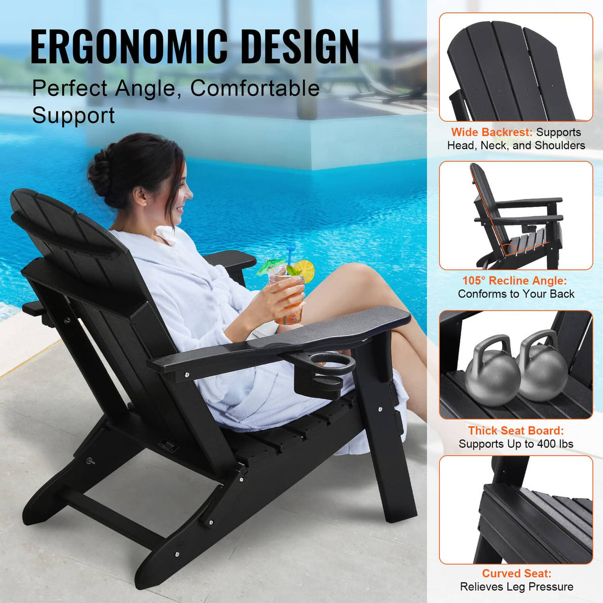 Black folding Adirondack patio chair with wide slatted back, reclined seat, cup holder armrests
