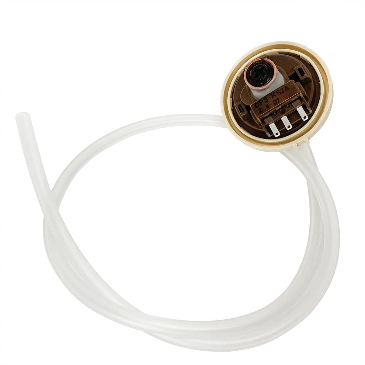 Washer water level pressure sensor switch with dark brown top and white inlet hose