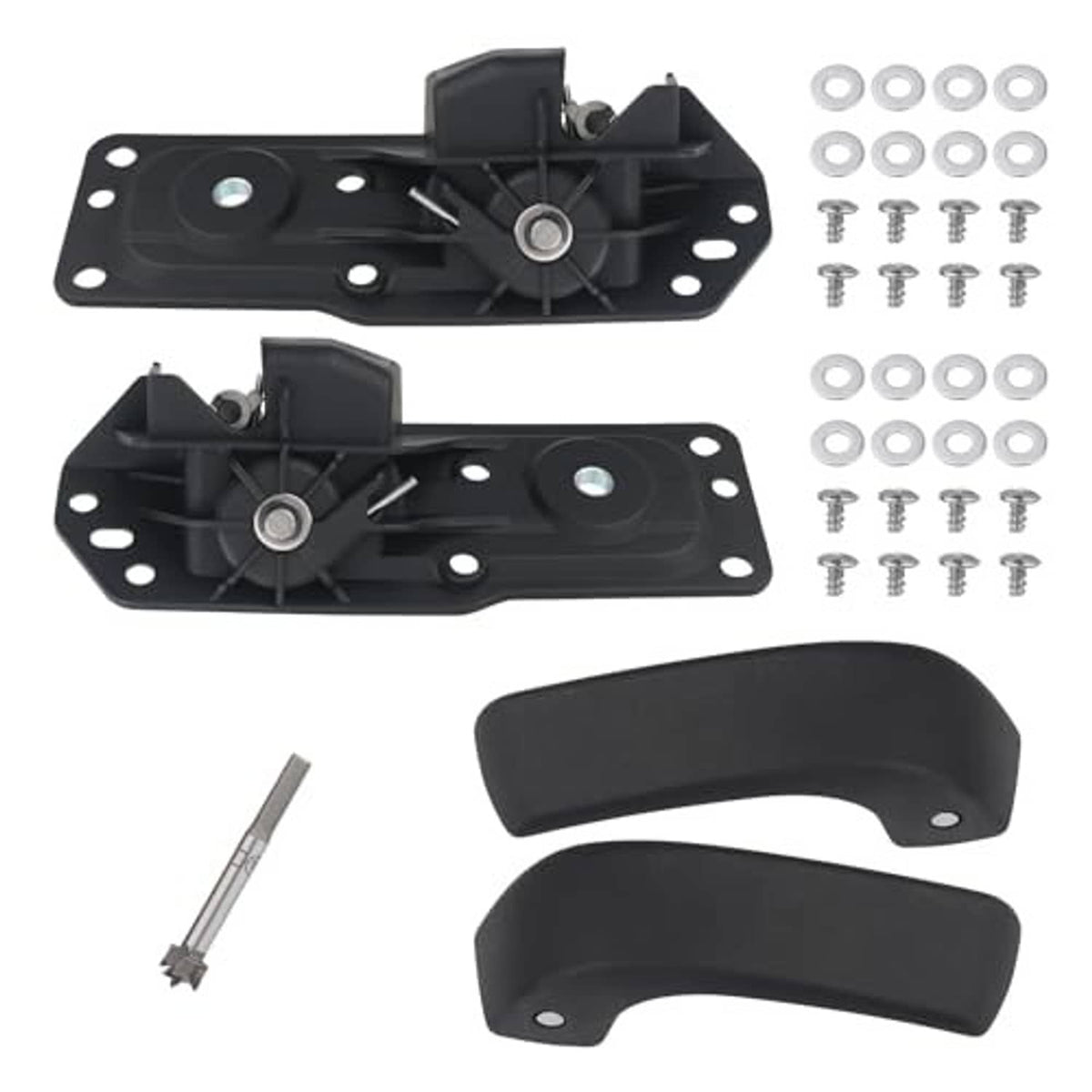 Black interior door handle repair kit with latch mechanisms, two lever handles, screws, rod