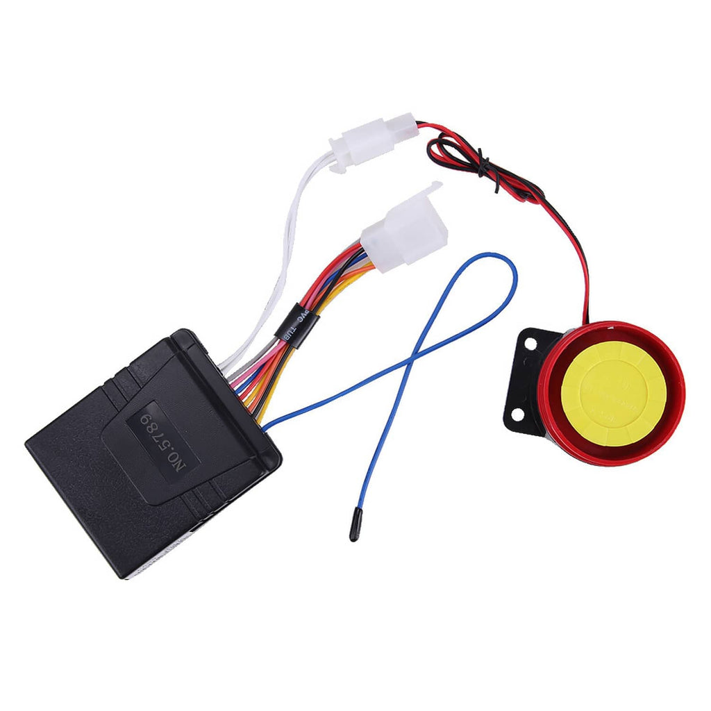 ECU module with multi-color wiring and round yellow siren for motorcycle anti-theft alarm