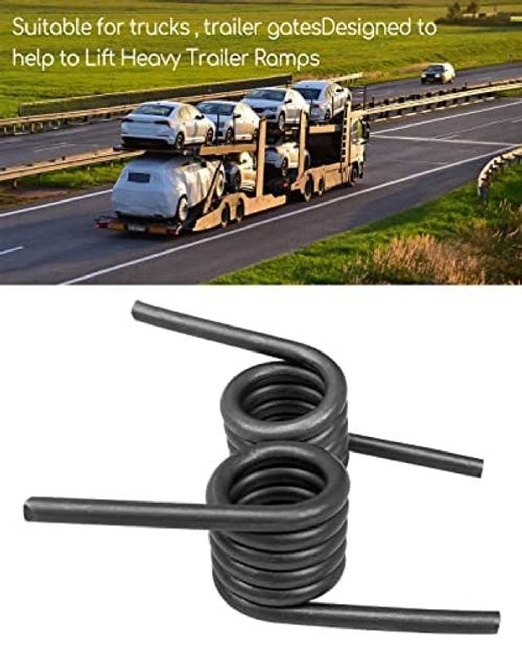 Pair of black torsion springs with straight rods for lifting trailer ramps