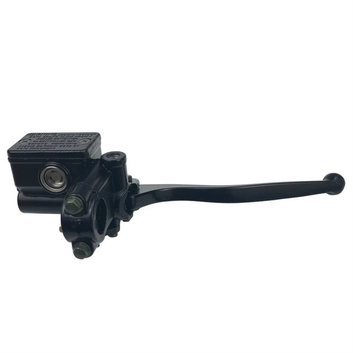 Black front brake master cylinder lever with reservoir block and pivot mounting bolt