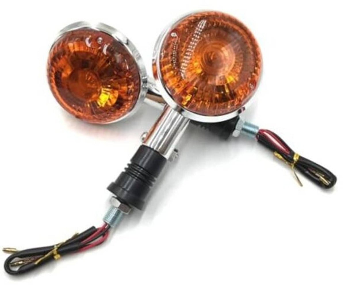 Pair of amber motorcycle turn signal lights with chrome stems and black wiring leads