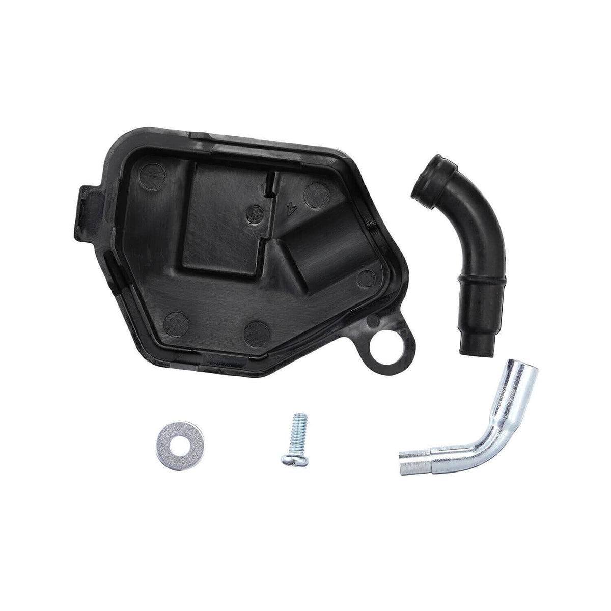 Carburetor cover plate with black housing, hose fitting, and mounting bolts