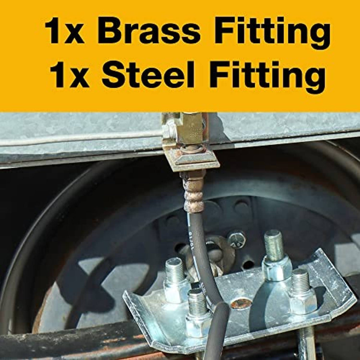 Brake hose with steel and brass fittings and black rubber hose line