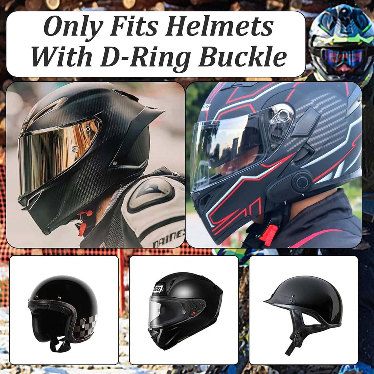 Helmet quick release D-ring buckle set with helmet fit views