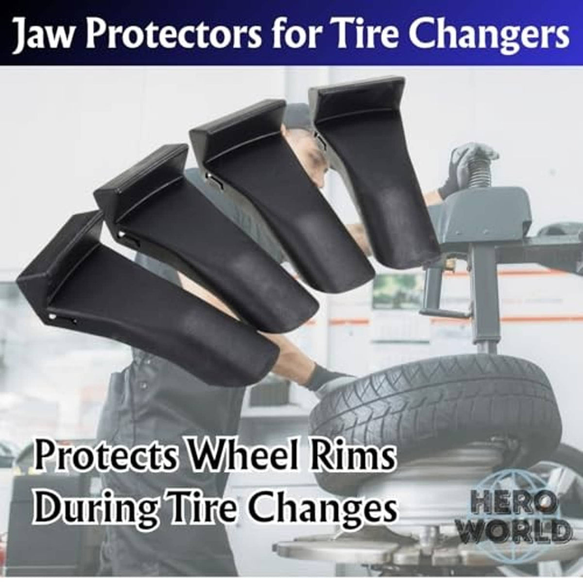 Black jaw protector covers on a tire changer tool for wheel rim protection