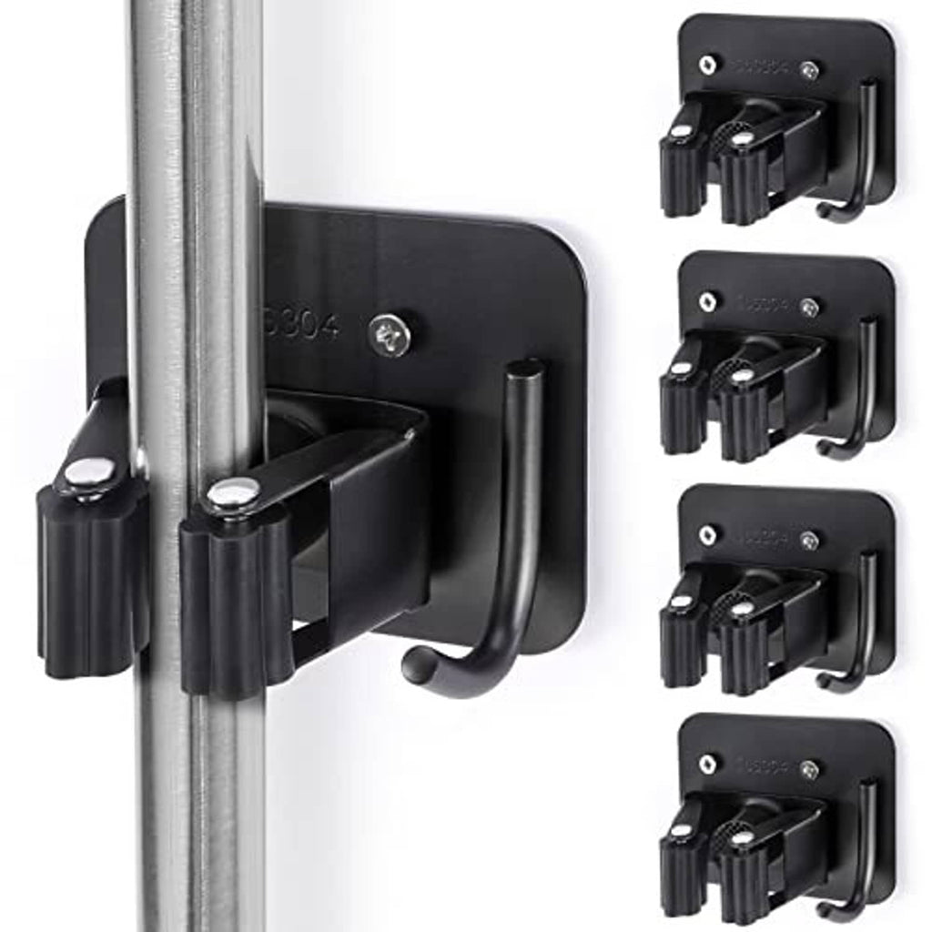 Stainless steel broom holder with black wall-mount plate and four grippers