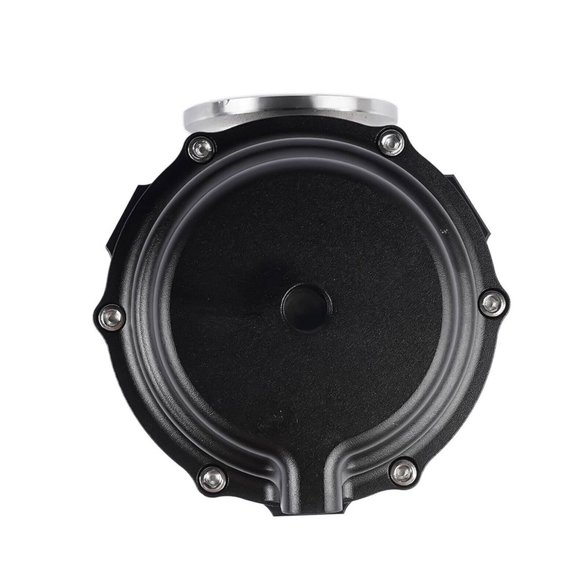 External turbo wastegate underside with black diaphragm cover and silver mounting rim