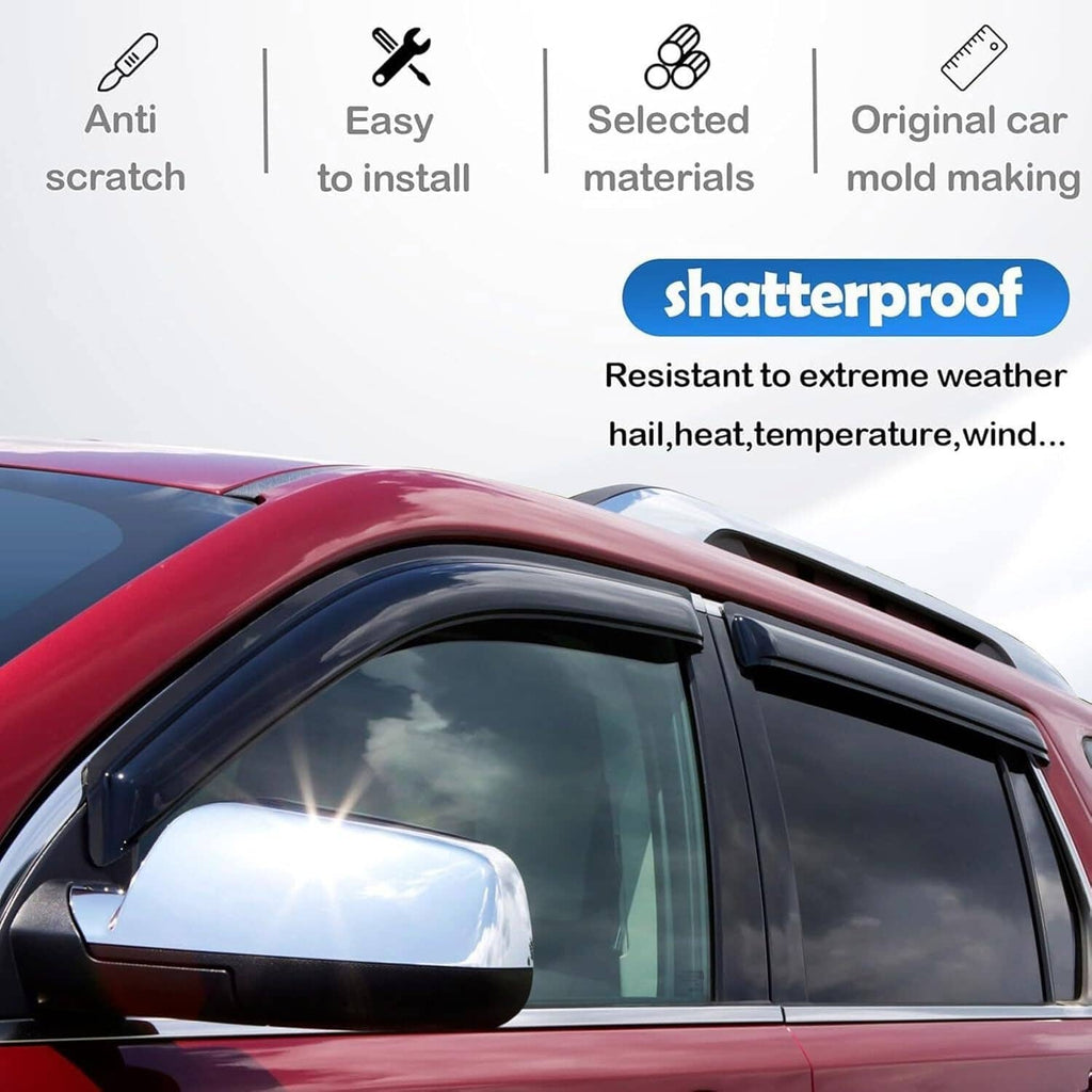 Dark window visor rain guards installed on car door window, slim curved design
