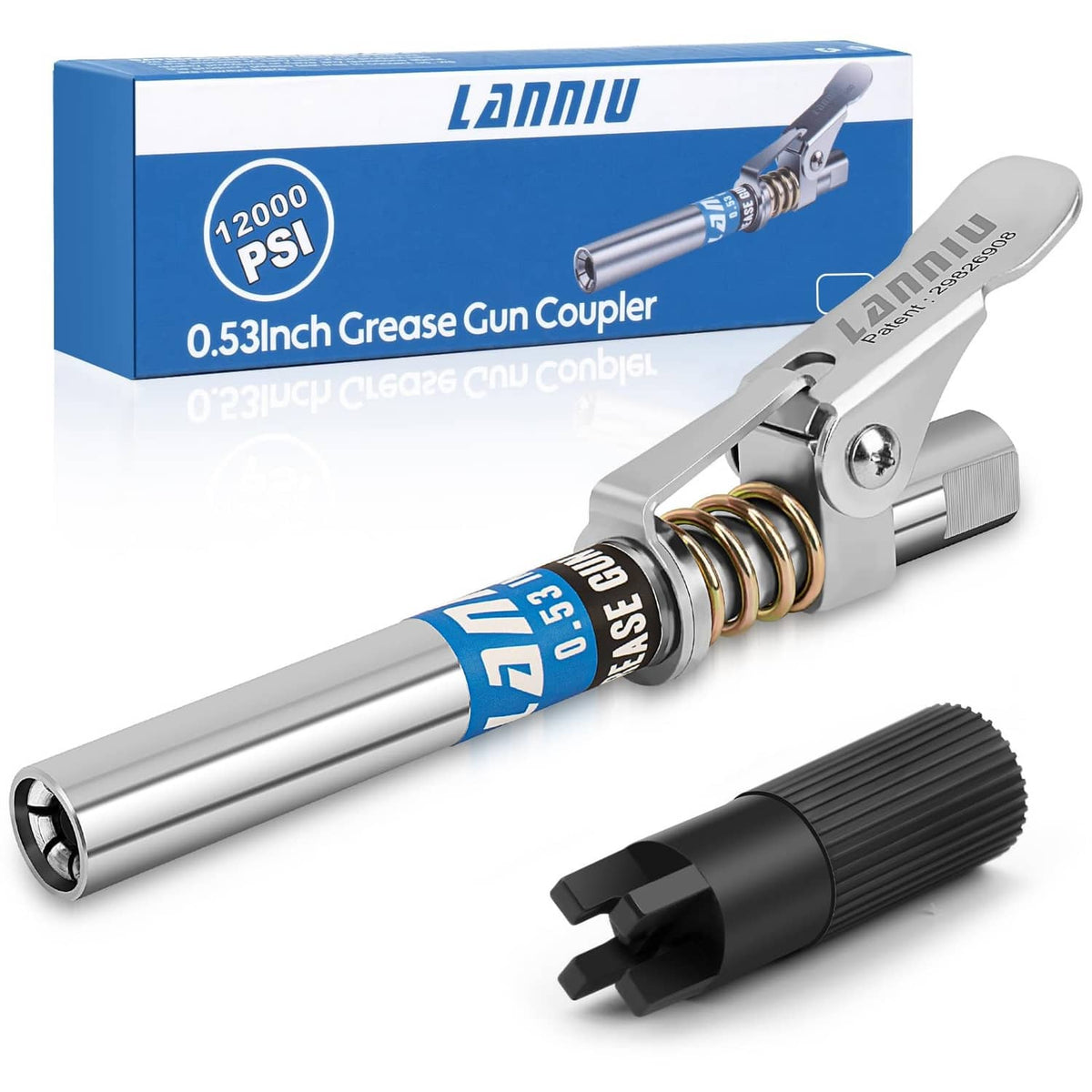 LANNIU silver grease gun coupler with spring-loaded coupler head and black protective end cap