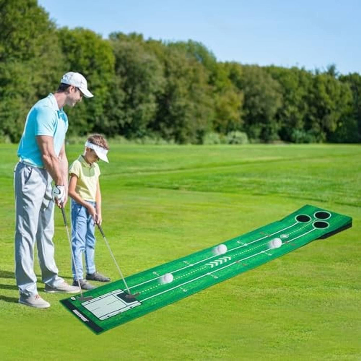 Green indoor/outdoor putting mat with alignment tracks and three target holes on grass