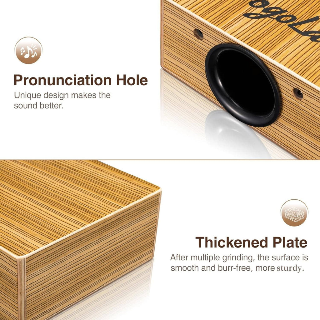 Wooden cajon drum corner detail with circular sound hole and thick wood plate