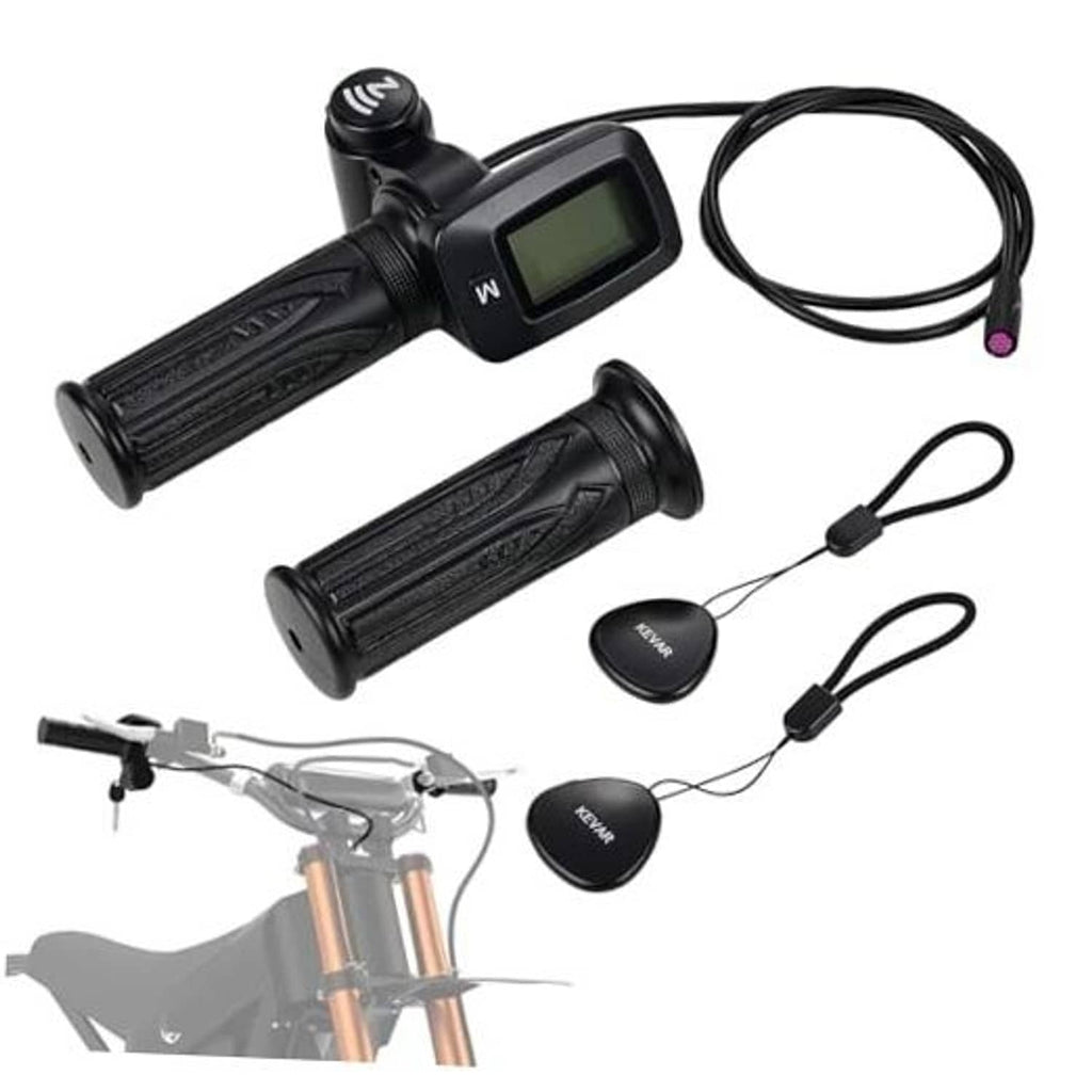 Electric e-bike throttle with digital display, two grips, and connected NFC key fobs