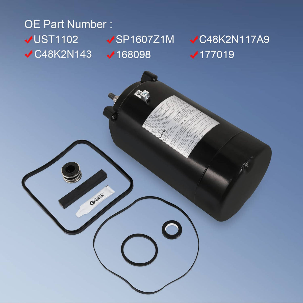 Pool pump motor and seal kit, black motor with O-ring and gasket pieces