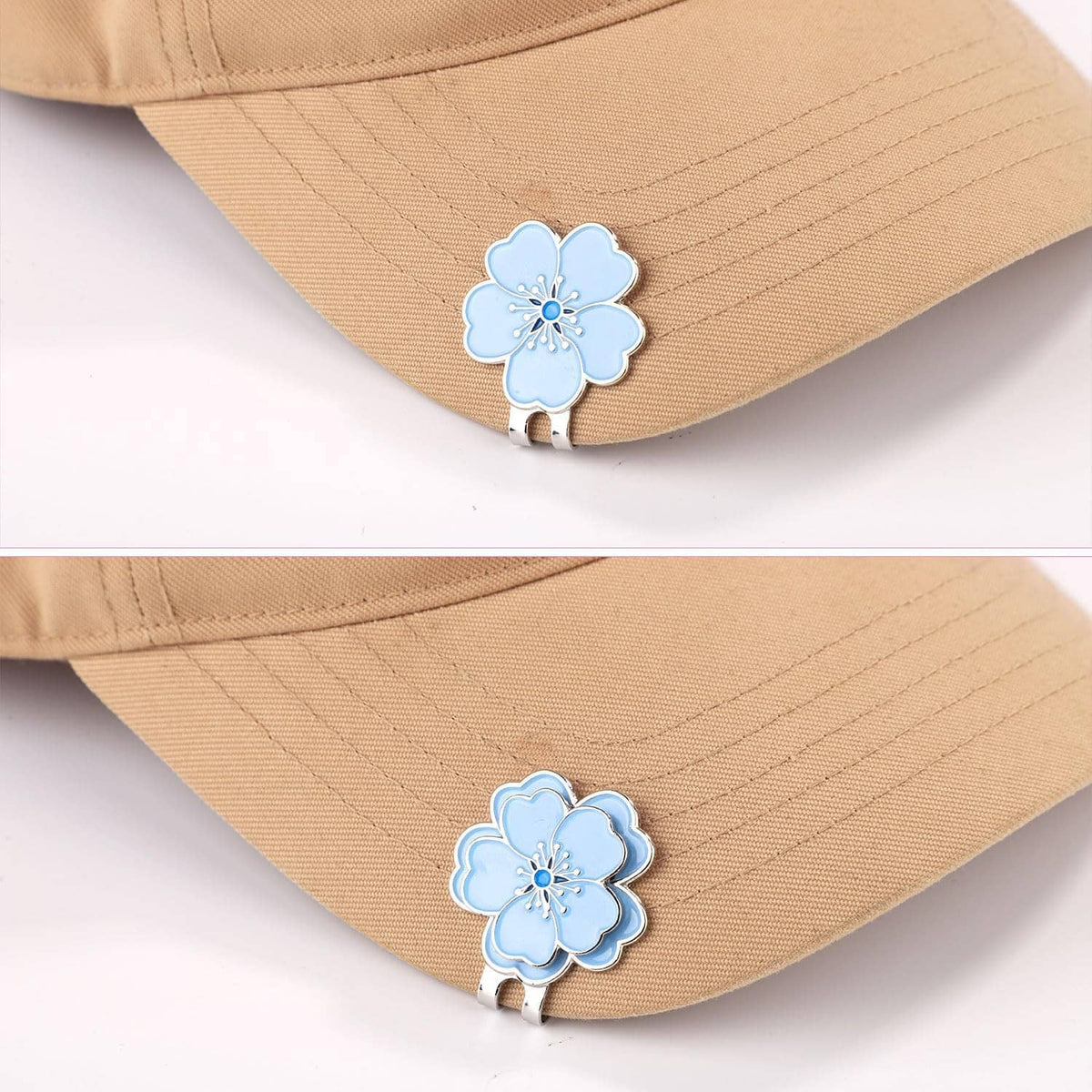 Blue flower magnetic marker on beige hat brim with silver clip