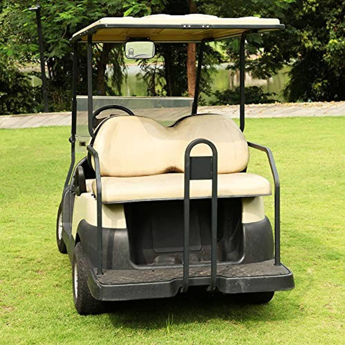 Golf cart showing panoramic rear-view mirror on the front overhead