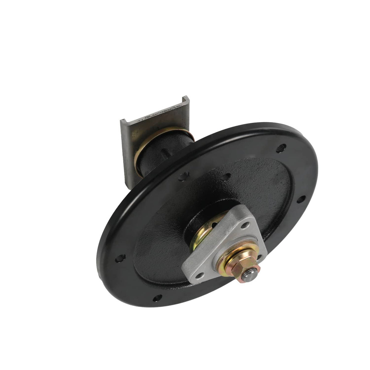 Black deck spindle with mounting bracket and exposed pivot hardware