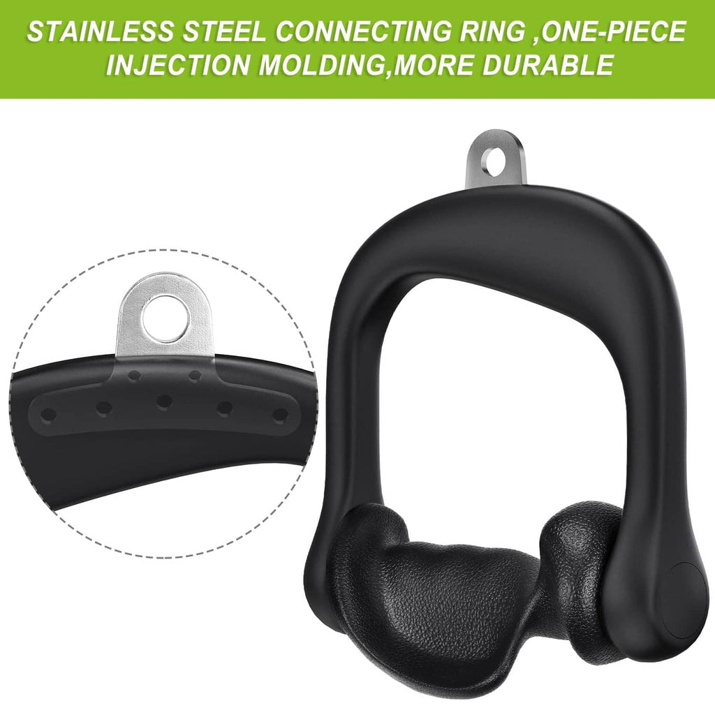 Black D-handle cable grip with textured palm pad and metal connecting ring