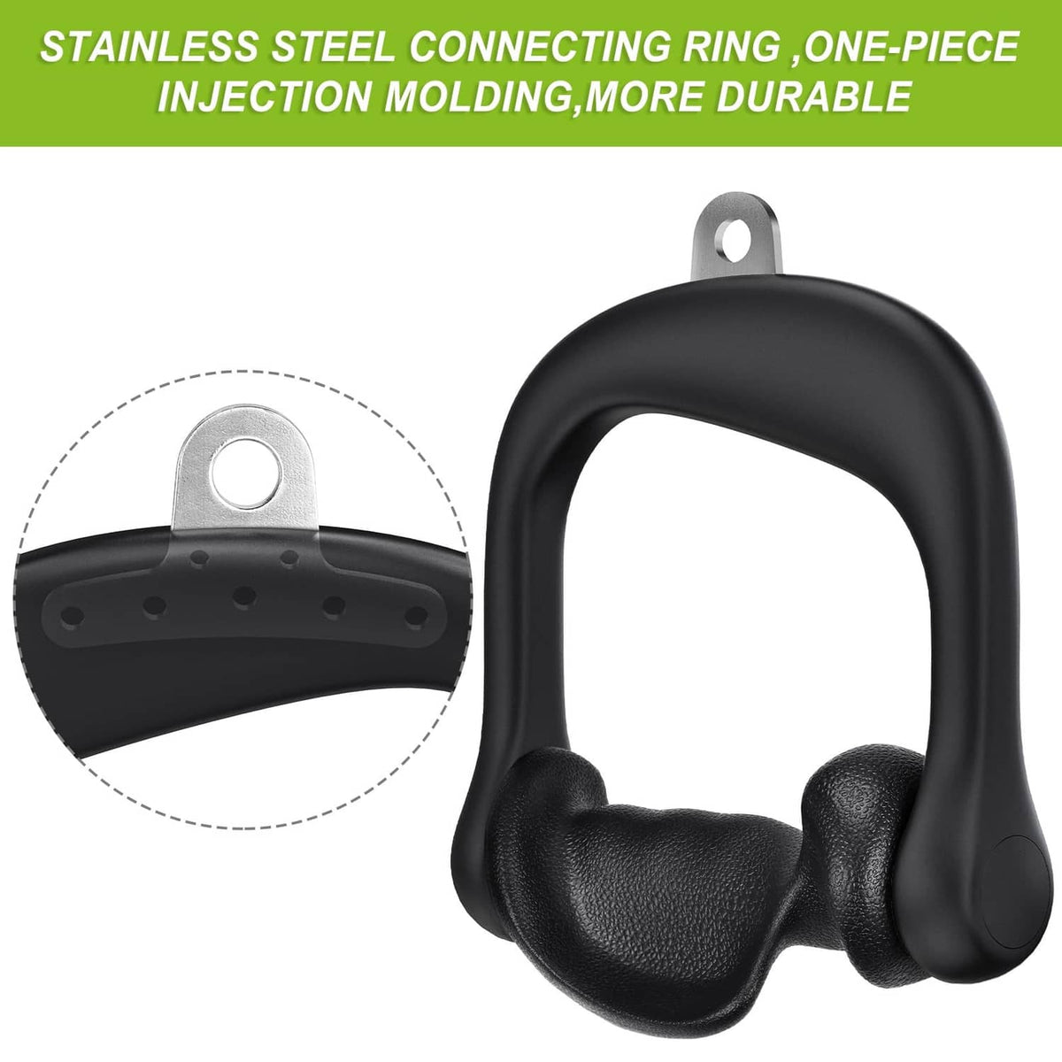 Black D-handle cable grip with textured palm pad and metal connecting ring