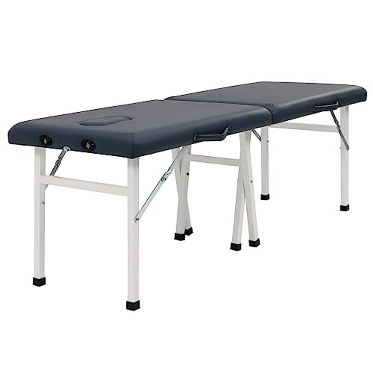 Royal blue portable massage table with padded head section and adjustable leg supports