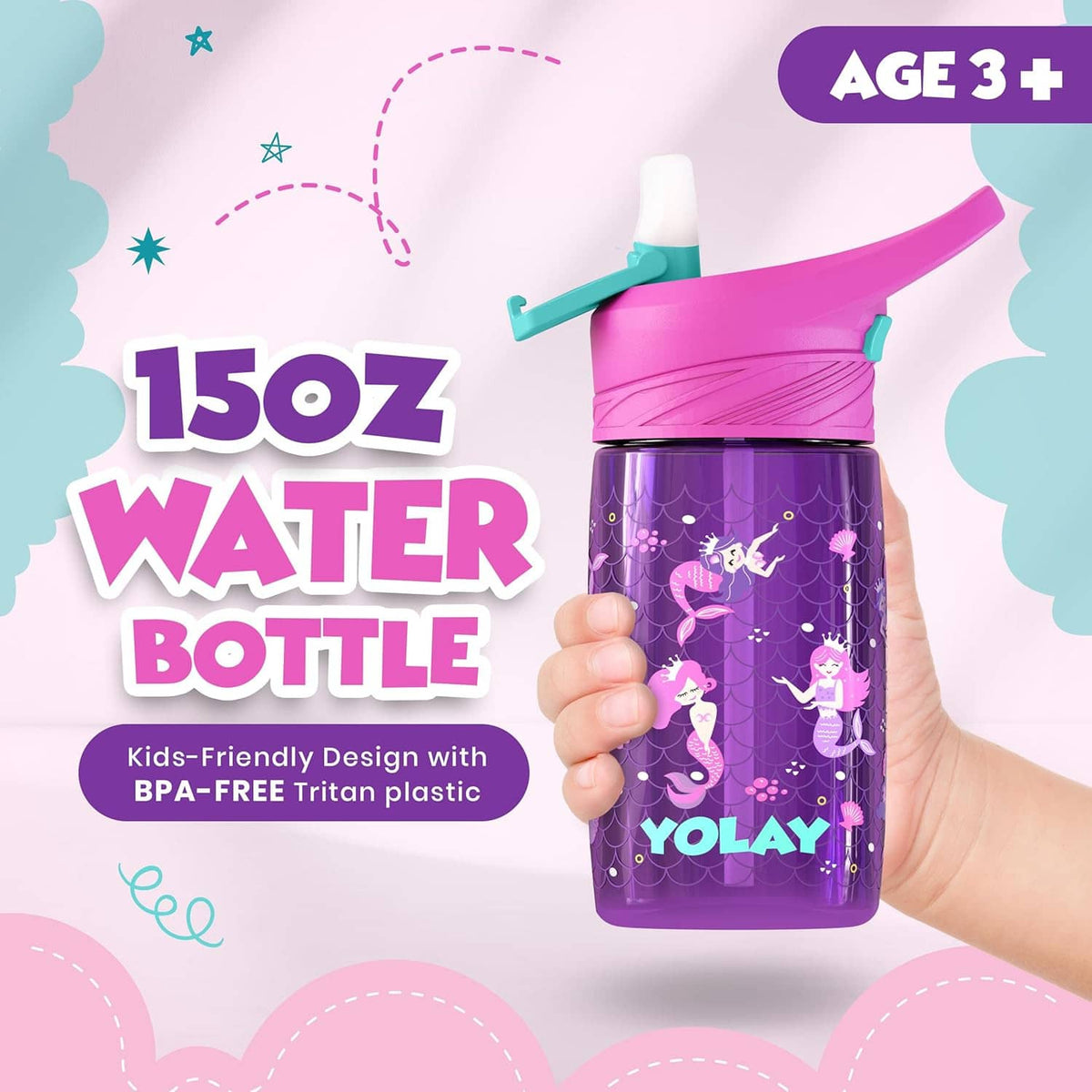 Purple kids water bottle in hand, pink flip lid, turquoise straw spout