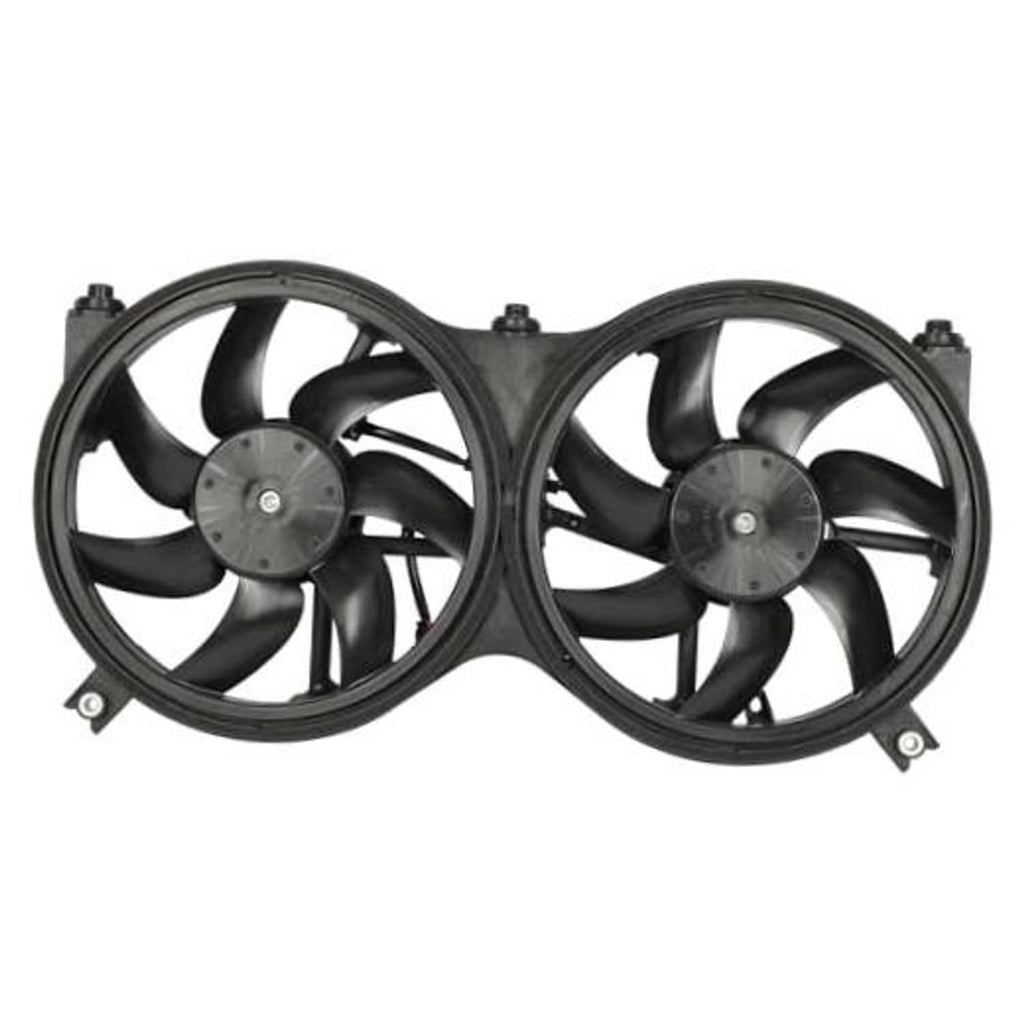 Dual electric engine cooling fan assembly with two black shrouded fan blades