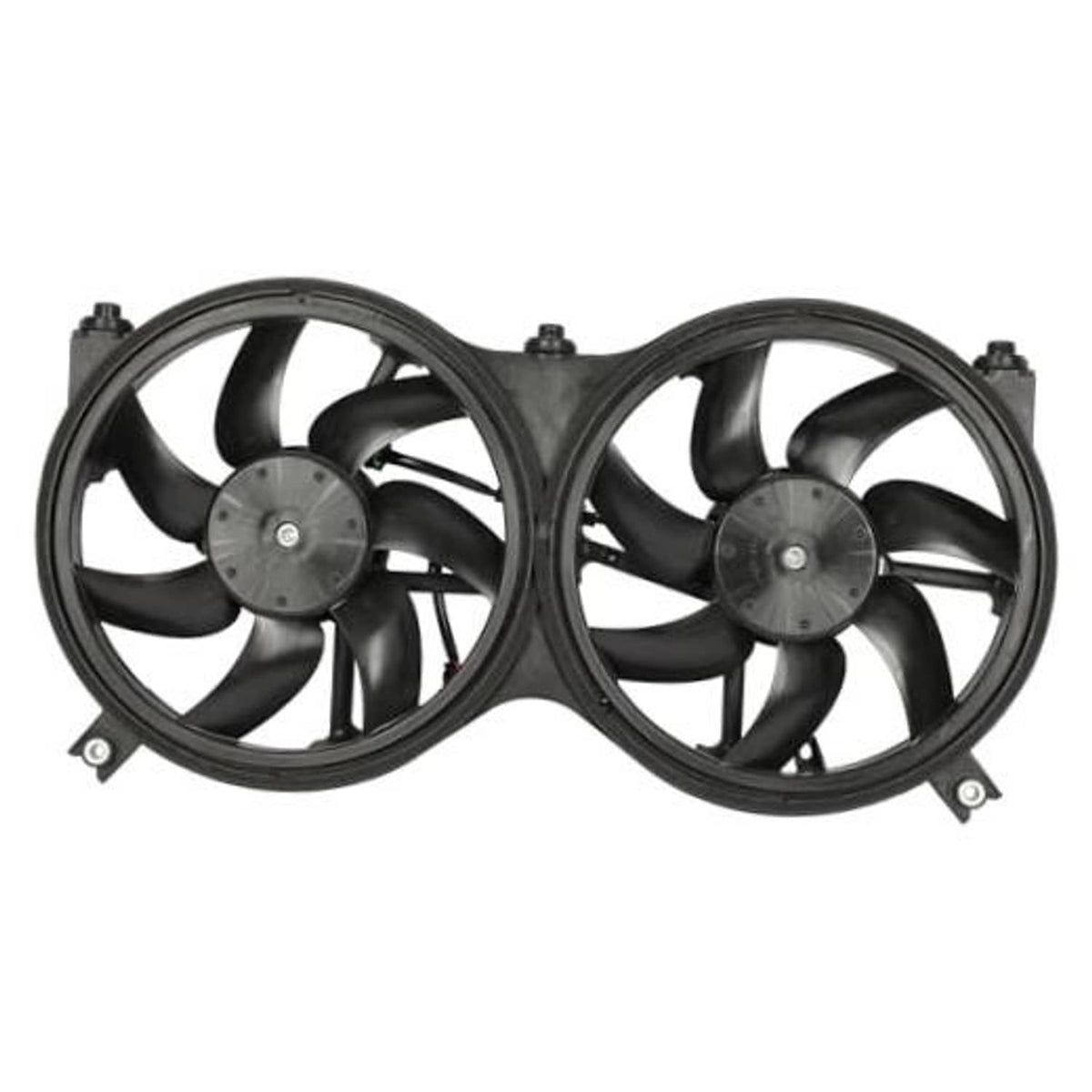Dual electric engine cooling fan assembly with two black shrouded fan blades