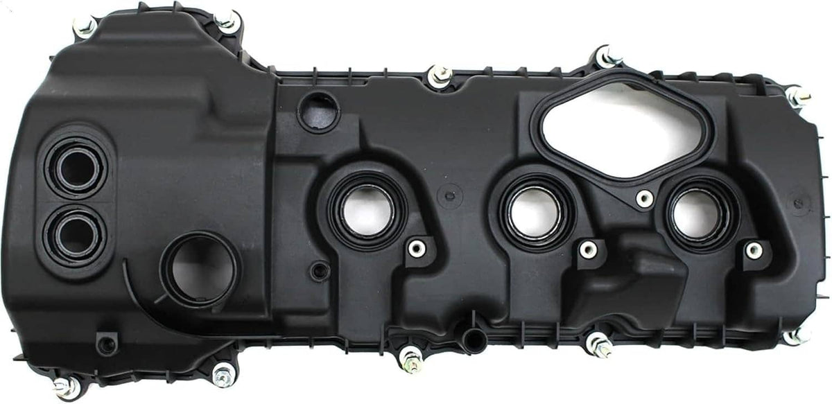 Left-side valve cover with round openings, oil ports, and mounting bolts; gasket included